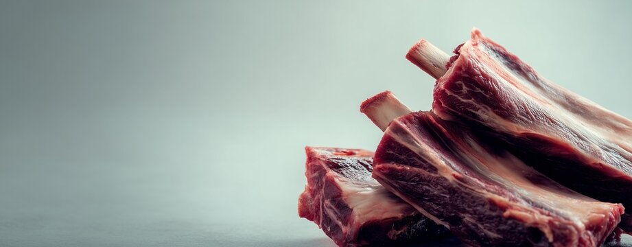 Prime Ribs of Beef: Three succulent raw prime beef ribs, showcasing rich marbling and meaty texture, ready for grilling, showcasing freshness and quality.