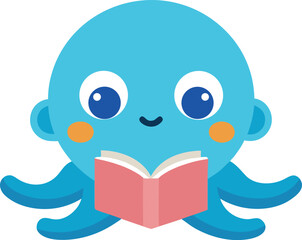 Fototapeta premium Cute cartoon octopus reading a book illustration