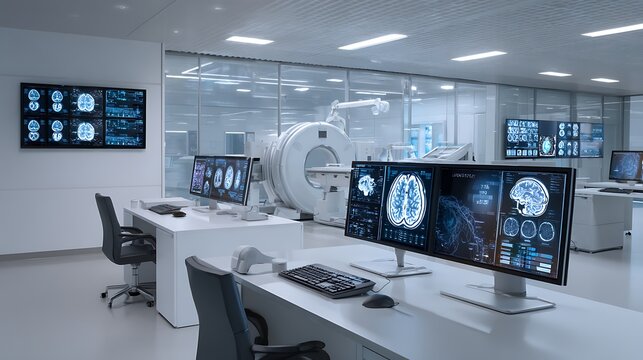 Modern medical imaging room with mri machine and computer workstations.