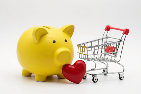 Yellow piggy bank beside shopping cart with red heart.