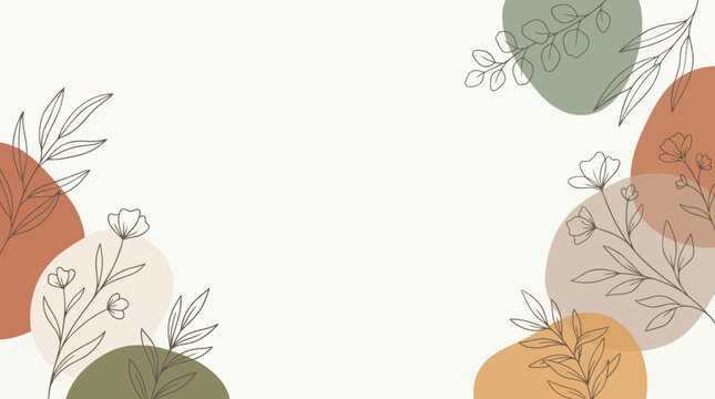 Pastel botanical illustration with abstract leaves and circular shapes on a soft background.