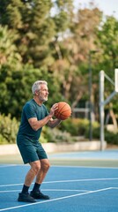 Obraz premium Active Senior Man with Grey Hair and Beard Preparing to Shoot a Basketball on an Outdoor Court