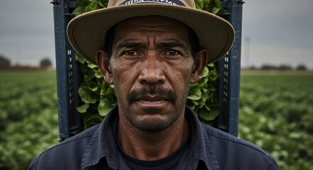 Obraz premium Close-up portrait of male farm worker in agricultural field. Serious hispanic farmer carrying crate of freshly harvested lettuce. Human face of food industry and manual labor concept