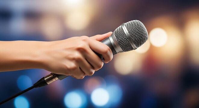 Hand Holding Microphone against Blurred Stage Lights Background