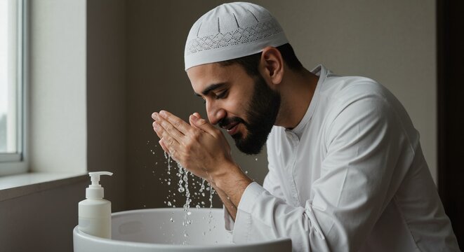 Muslim man performing wudu ritual washing before prayer. Devout person with beard cleaning his face with water over sink. Islamic purification and faith concept
