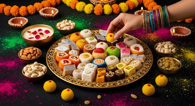 A vibrant diwali celebration a platter of sweets and festive decorations for a joyful occasion