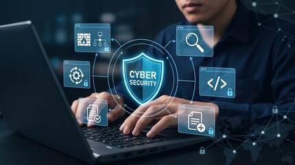 Fototapeta premium cyber security, data protection, information technology, internet security, technology, network security, computer safety concept with businessman hands typing on laptop computer.