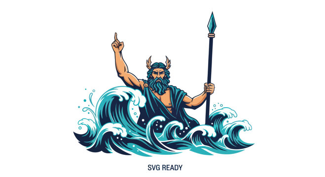 Poseidon God of the Sea with Trident, Rising from Ocean Waves