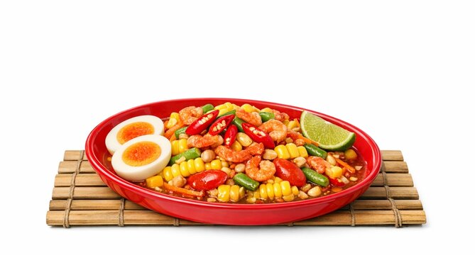 Thai corn salad with salted egg, shrimp, tomatoes, and yardlong beans in a red plate on a bamboo mat, isolated on white background. Spicy street food.