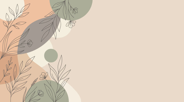 Soft botanical illustration featuring leaves, stems and a beige abstract floral pattern.