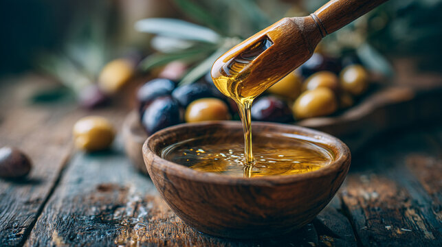 Golden olive oil pouring into a rustic wooden bowl slowly