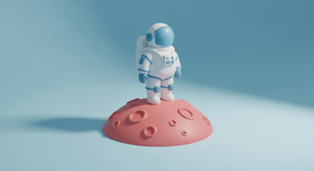 Fototapeta premium Cute astronaut character standing on moon surface in soft pastel space scene with minimal futuristic design and cosmic exploration theme