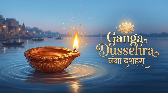 Ganga Dussehra Celebration Vector Illustration with Floating Clay Diya on Holy River Ganges at Varanasi Ghat, Traditional Indian Festival Greeting Background with Golden Typography and Lotus Icon.