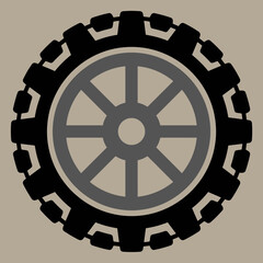 Obraz premium A stylized graphic illustration of a black outer gear with an inner grey spoked wheel, set against a plain beige background.