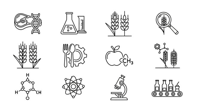 Set of food science and biotechnology line icons.