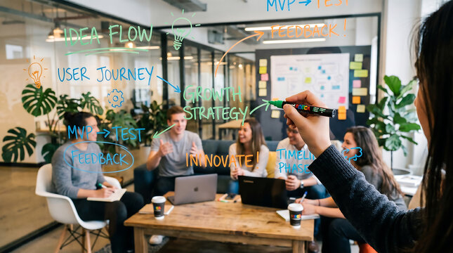 professional business team in a modern office brainstorming a growth strategy and user journey on a glass whiteboard wall