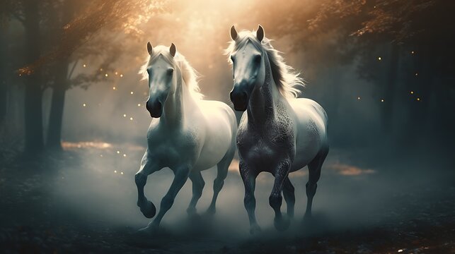 Two white horses galloping through a misty enchanted forest at sunrise
