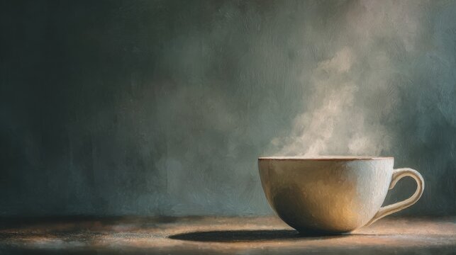 立ち上る湯気が温かみを感じさせる、静かな朝にふさわしい白いカップのコーヒー