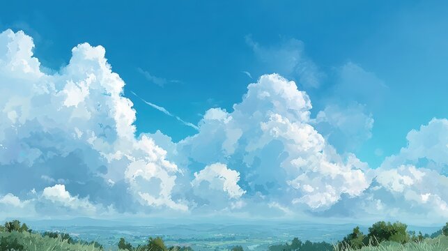 青空に広がる大きな入道雲と遠くの山々を描いた、夏らしいアニメ風の風景