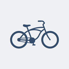 Fototapeta premium Simple dark blue bicycle icon on a light gray background, depicting a classic cruiser bike for leisure and transport.