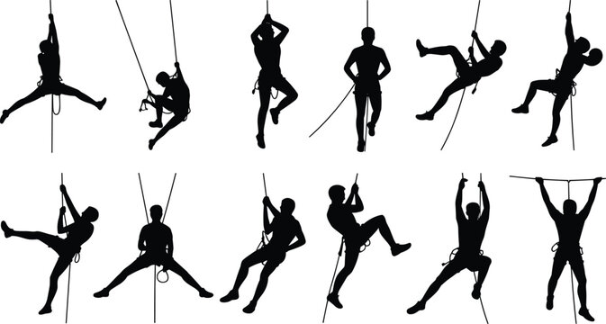 Rope climbing and rappelling silhouettes set with extreme sport poses, mountaineering activity collection, adventure climbers isolated on white background vector