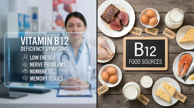 Vitamin B12 cobalamin deficiency health symptoms showing fatigue, neurological nerve issues, and cognitive memory loss alongside nutritional dietary food sources like animal meat, egg, dairy, fish.