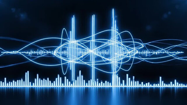 Abstract Blue Neon Sound Waveform Visualization with Digital Audio Spectrum.