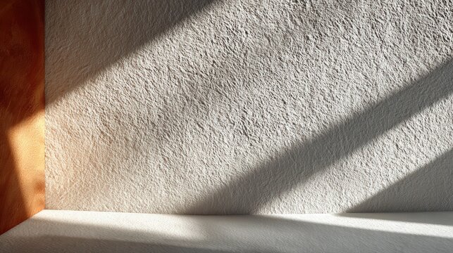 強い夏の日差しが漆喰の壁に鋭い影を描き出す、モダンな建築デザインの一角