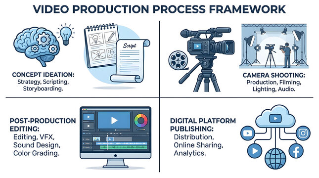 Professional cinematic digital video production lifecycle mapping creative concept development camera filming stage post crafting editing and multi platform distribution media content workflow.
