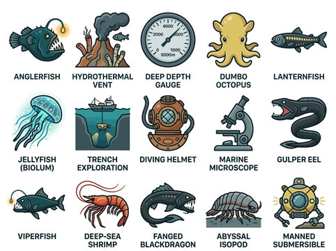 Deep Sea Life and Ocean Exploration Icon Set with Bioluminescent Creatures, Abyssal Species, and Marine Research Equipment for Science and Education