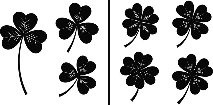 Clover leaf silhouettes set with four leaf lucky symbols, botanical collection isolated on white background, nature vector illustration design