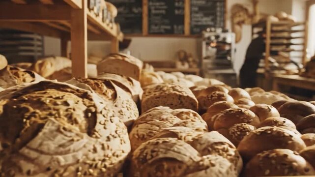Artisan Sourdough Bread Displayed in a Warm Cozy Bakery