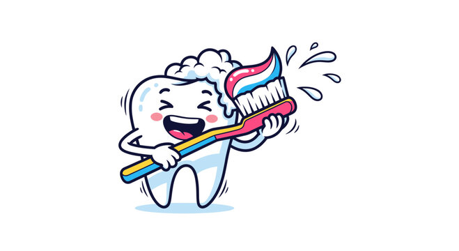 Happy Cartoon Tooth Brushing Teeth with Toothpaste and Brush