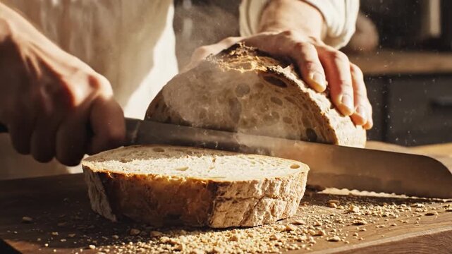 Baker slicing a fresh loaf of artisan bread on a wooden board