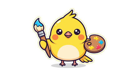 Cute cartoon yellow bird holding paintbrush and palette, artist concept © Ahmad
