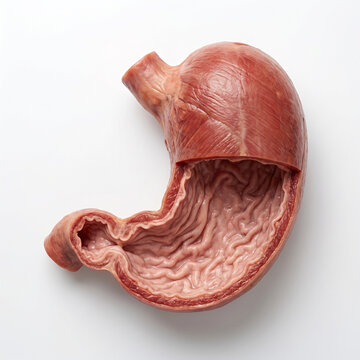 Realistic 3D model of human stomach with cross section showing internal mucosal folds and muscular wall for medical education healthcare training and anatomical visualization of digestive system