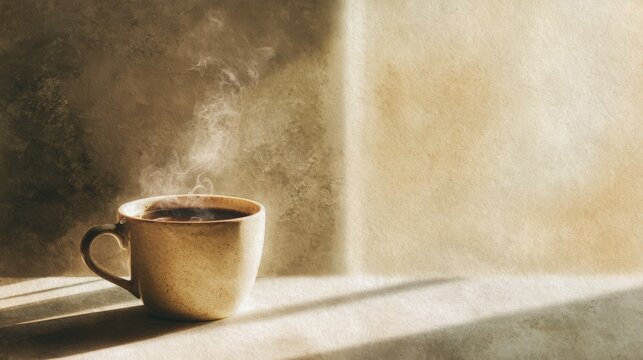 柔らかな朝の光が差し込むテーブルに置かれた、湯気が立ち上る一杯のコーヒー