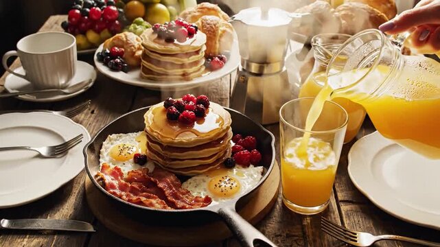 Delicious breakfast with pancakes bacon and eggs served with fresh orange juice