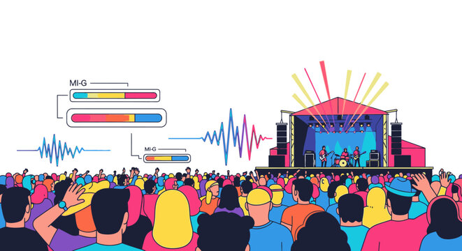 Illustration of a vibrant crowd watching a live band perform on a colorful stage with graphic equalizer visuals in the background.