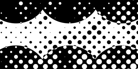 Fototapeta premium Abstract black and white halftone background with symmetrical circular patterns, modern minimalist design featuring bold dot gradients, scalloped curves, and geometric shapes for creative print.