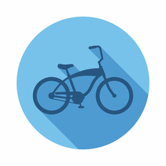 Fototapeta premium Flat design icon of a cruiser bicycle silhouette in a blue circle with a long shadow effect, representing cycling and leisure activities.