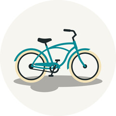 Fototapeta premium Stylized illustration of a teal cruiser bicycle with cream tires and a black seat, casting a shadow on a light circular background.