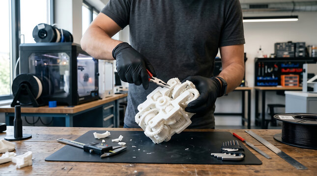 Technician wearing black gloves assembling a complex white 3d printed mechanical gear prototype with pliers on a wooden workbench in a professional engineering workshop