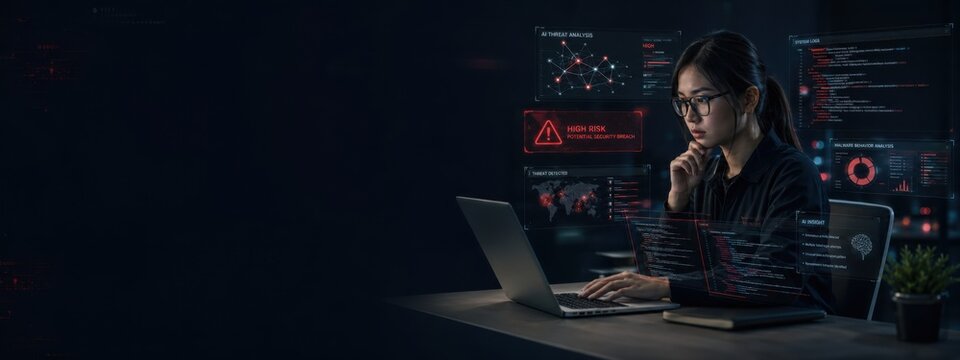 Professional female analyst working with data on laptop in dark modern office environment. Banner and Copy space for Text