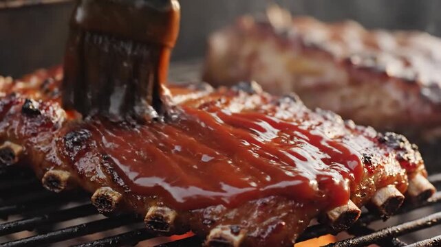 Pork ribs being brushed with barbecue sauce on a hot grill
