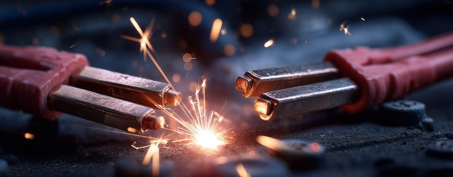 Sparkling Connection: An arresting close-up reveals the precise moment of connection as jumper cables ignite a dazzling burst of sparks, symbolizing energy and power transfer.
