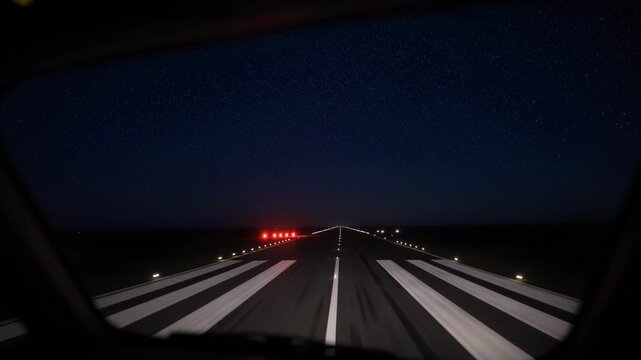 Nighttime view from cockpit of runway lights and stars above