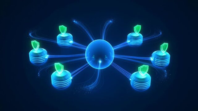 Glowing blue sphere connected to secure nodes in a network
