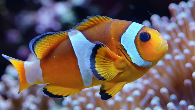 Vibrant Clownfish Swims Gracefully Amidst Coral Reef Ecosystem.