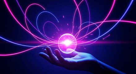 Obraz premium A hand cradles a glowing purple orb surrounded by vibrant pink and blue neon-like energy lines in a dark space